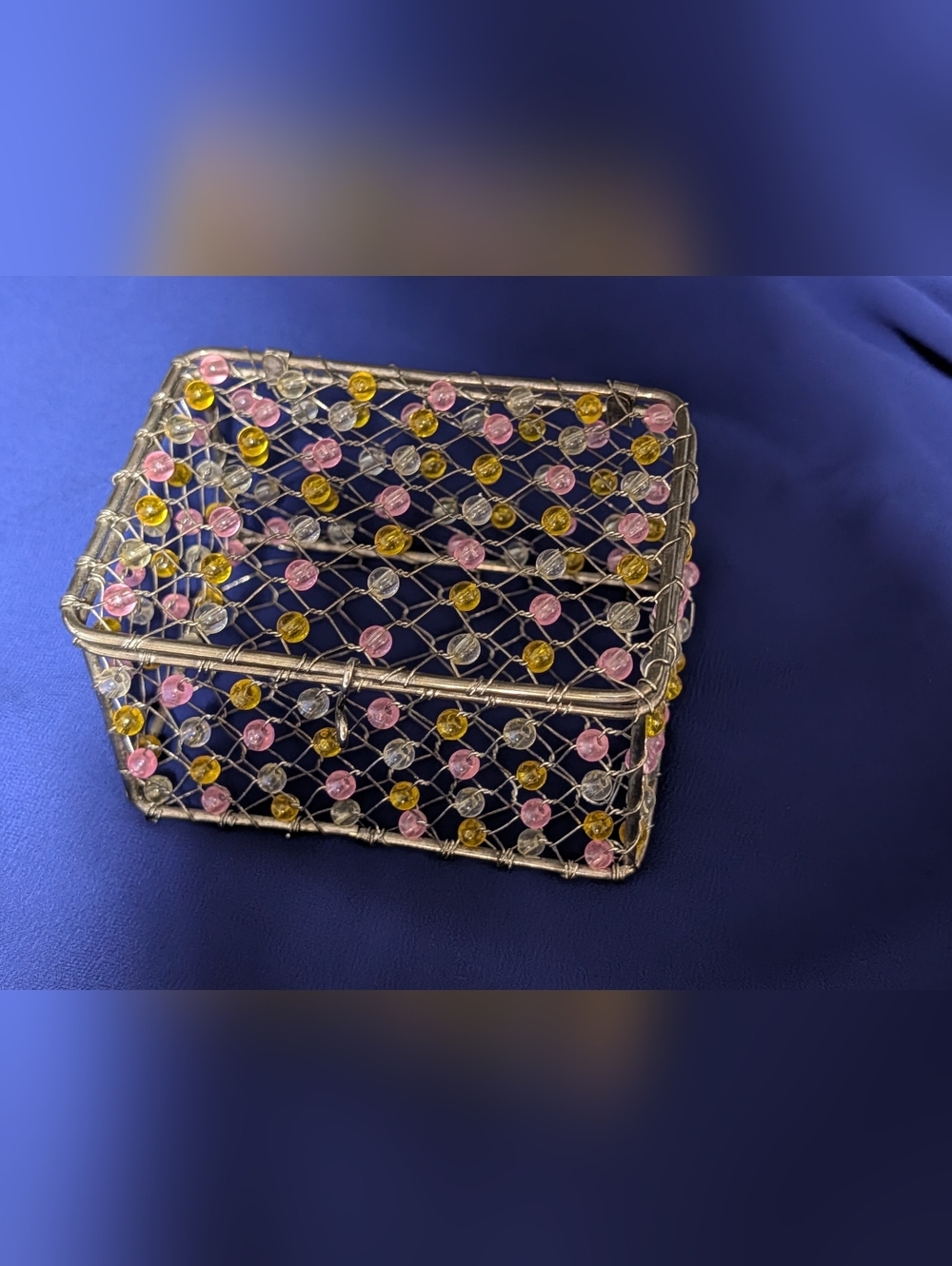 Handcrafted Beaded Wire Decorative Box - Pink & Yellow Accents